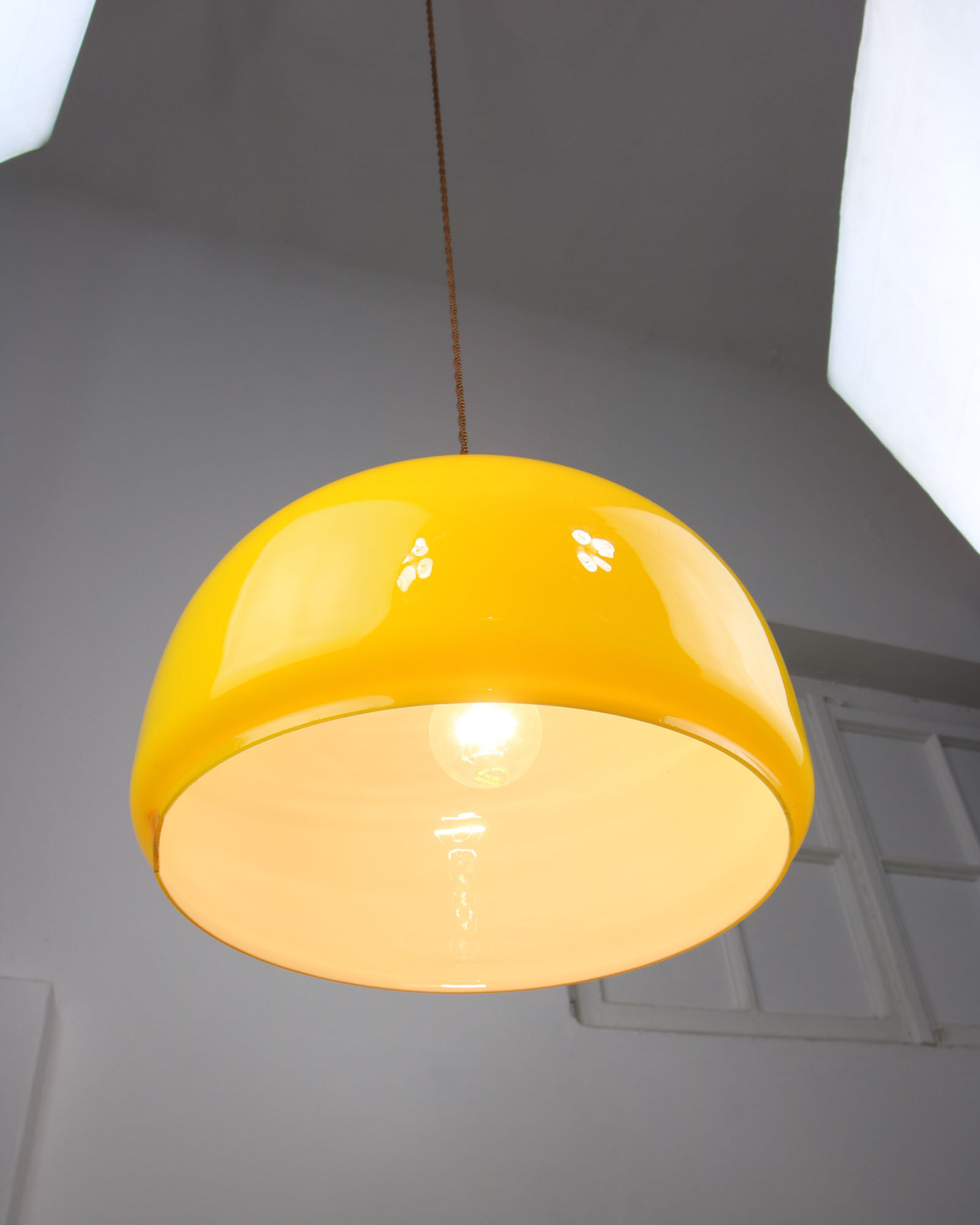 Mid-century Yellow Glass & Brass Pendant Lamp