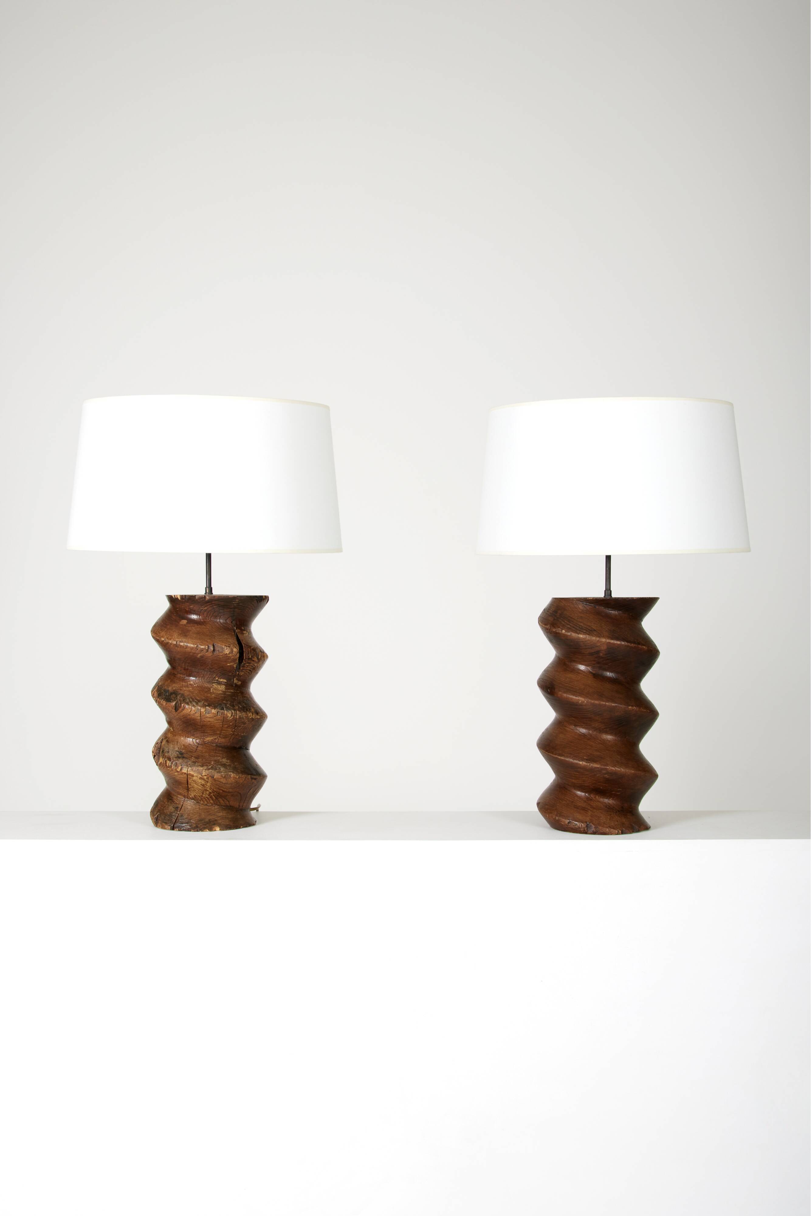 Pair of Brutalist Solid Wood Lamps