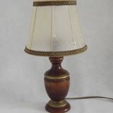 French Mid-Century Round Turned Wood Table Lamp with Hide Skin Shade