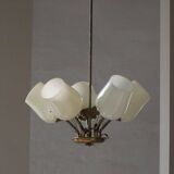 Five-branch brass and glass chandelier by Paavo Tynell for Idman OY Finland, 1940s.