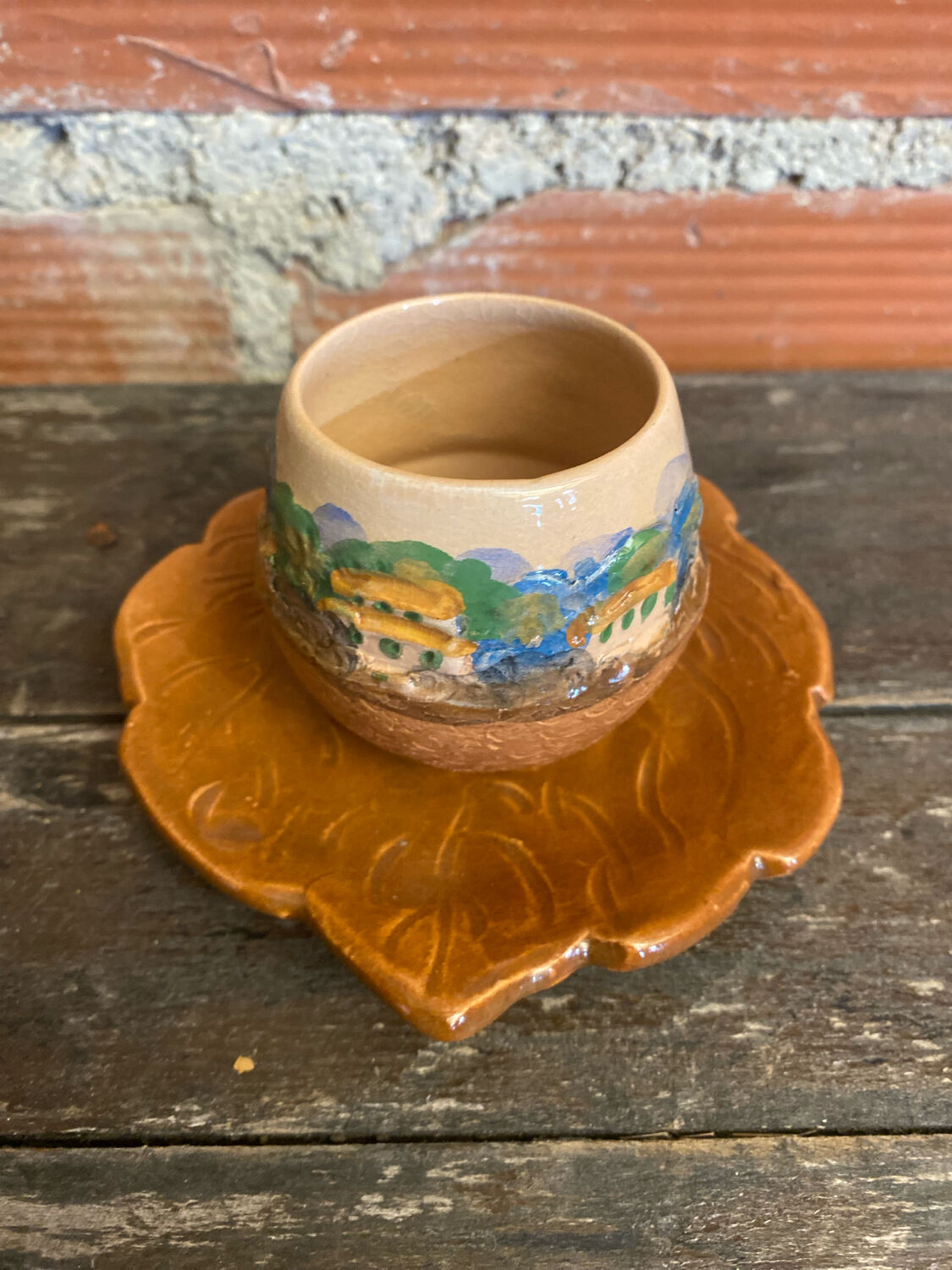 Teapot + 3 Antique Glazed Terracotta Cups Landscape Decor Vintage