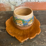 Teapot + 3 Antique Glazed Terracotta Cups Landscape Decor Vintage