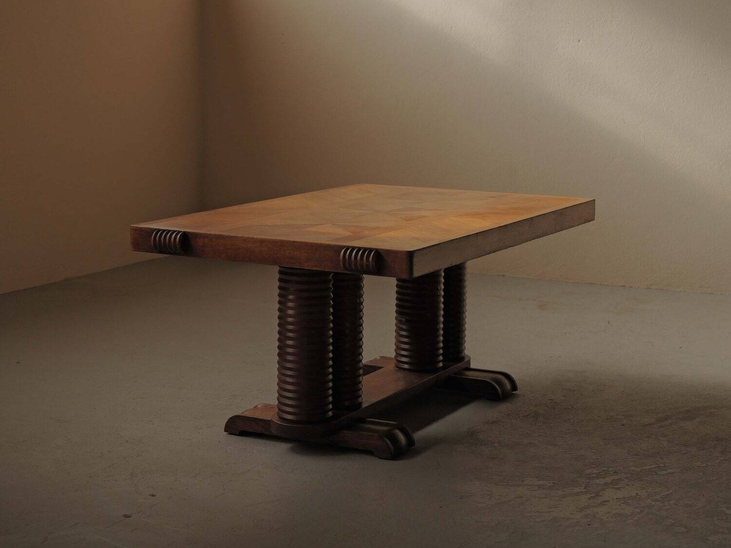 Solid oak table with marquetry, France, circa 1940.