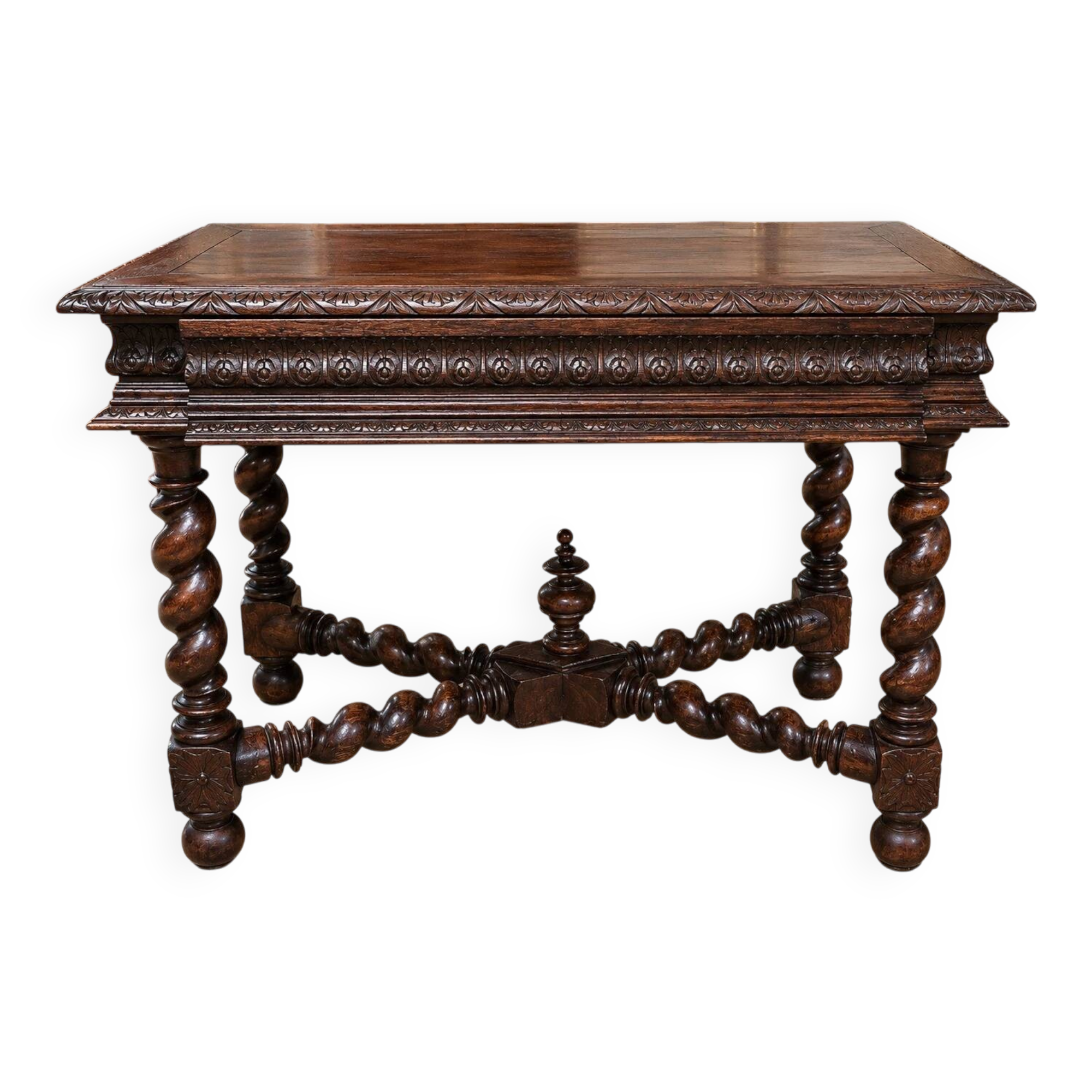 table bureau de style Renaissance / Henri II en chêne massif richement scul