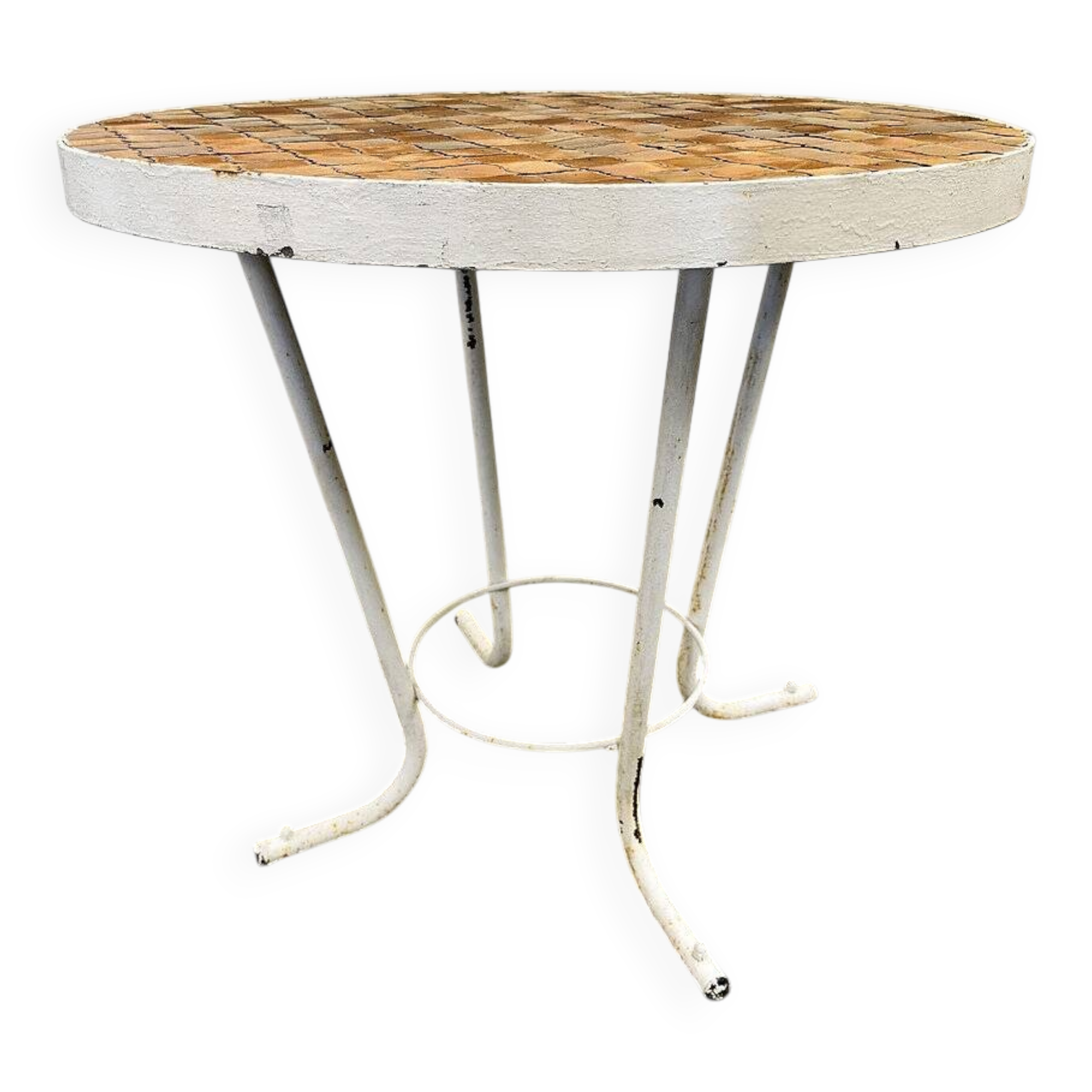 Vintage round French garden table with French "Tomettes" tiled top, 1960s