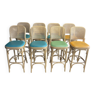 Set of 8 Thonet cannage type high bar chairs, light wood and colored skai