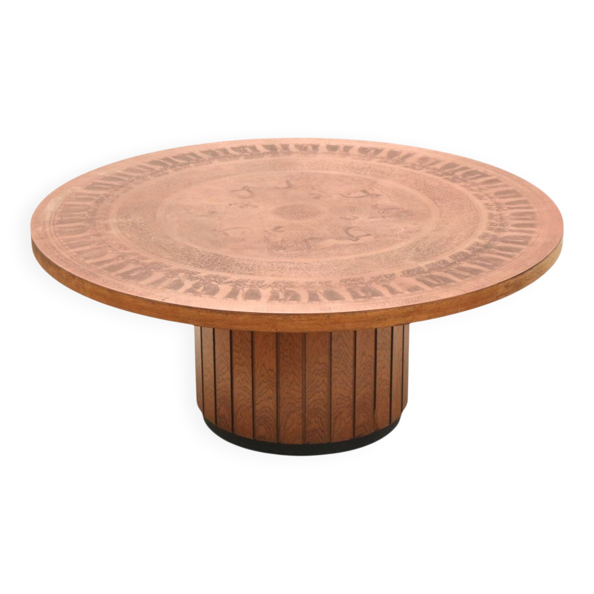 Round vintage brutalist coffee table by VAD Trævarefabrik with copper top