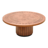 Round vintage brutalist coffee table by VAD Trævarefabrik with copper top