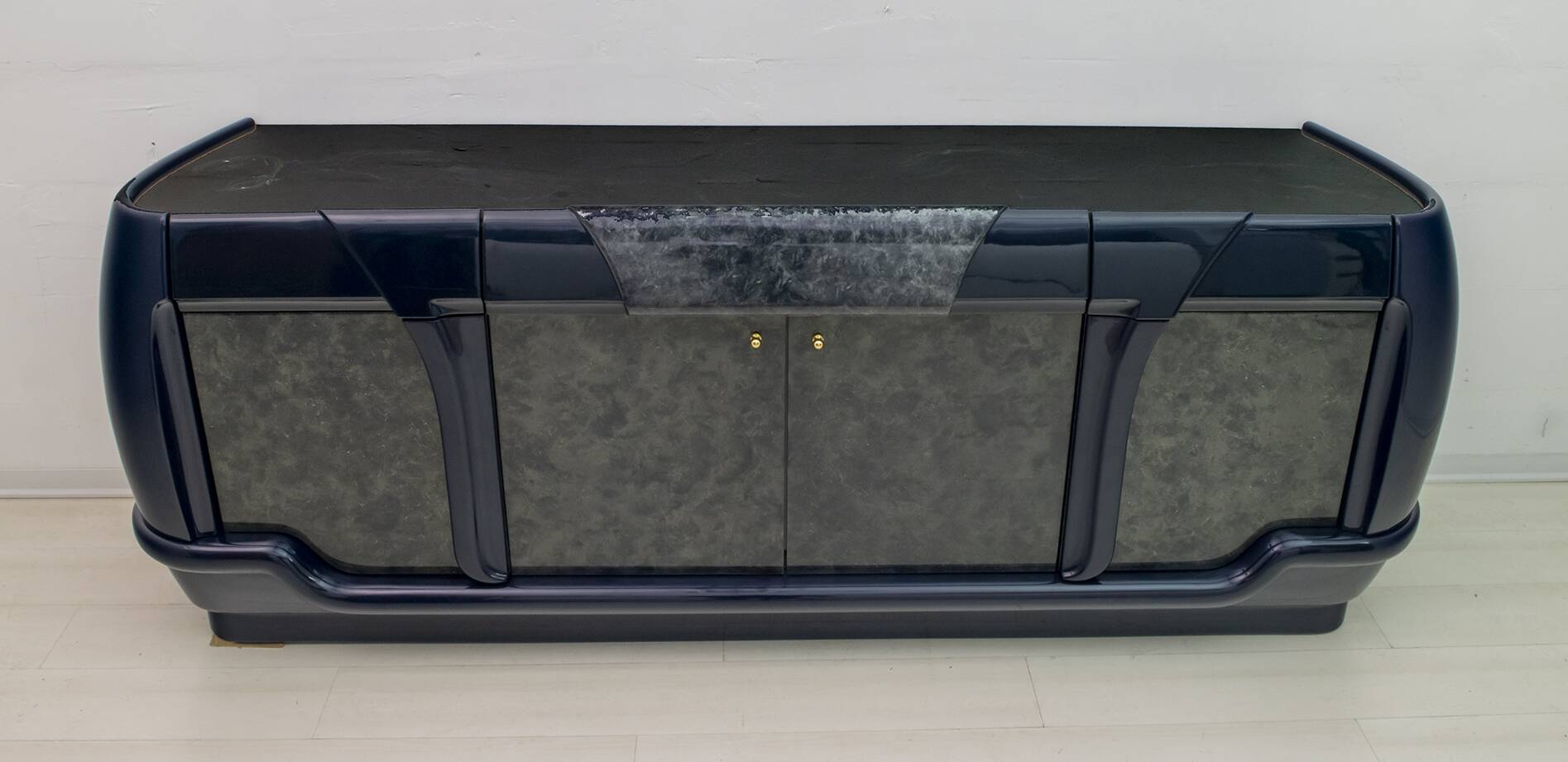 Postmodern Blue Lacquer and Black Marble Sideboard by DBM, Italy, 1980s