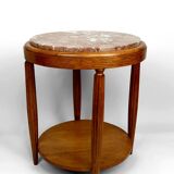 Pedestal Table, Side Table in Solid Oak & Griotte Marble Top