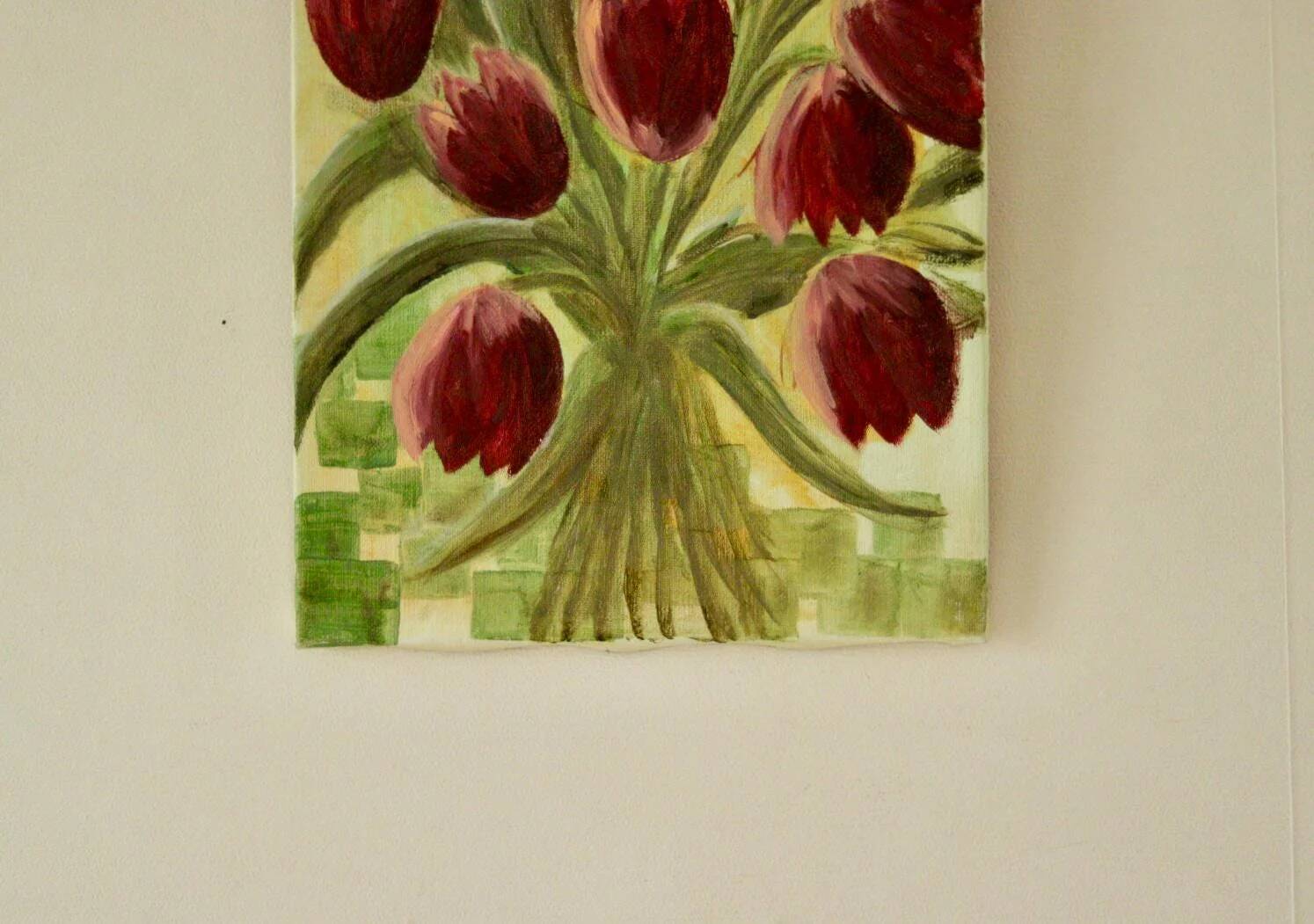 Nature morte aux tulipes – toile vintage d'un artiste non identifié