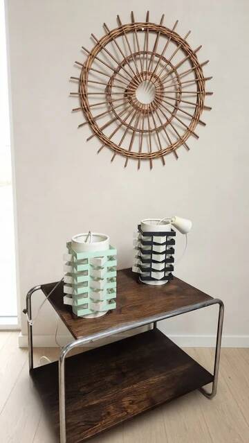 Pair of rare vintage table lamps, sculptural metal design, 1970s, 85 x 20 cm