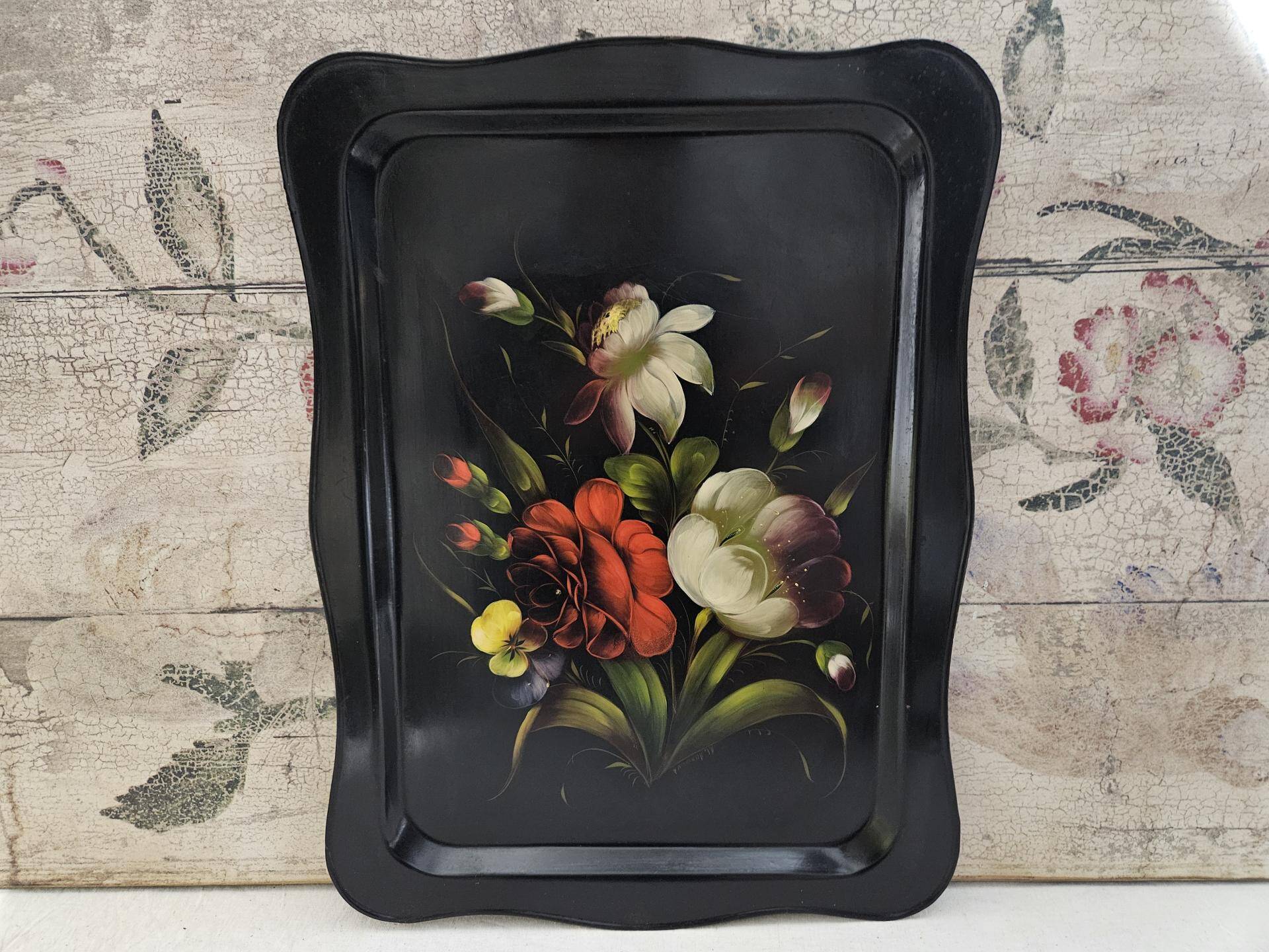 Large antique tray with flowers