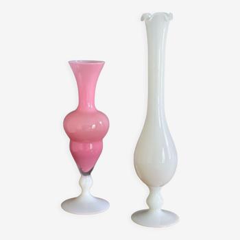 Duo of vases in pink and milky white opaline