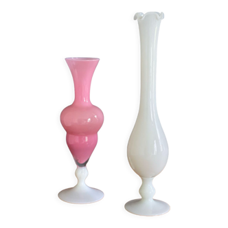 Duo of vases in pink and milky white opaline