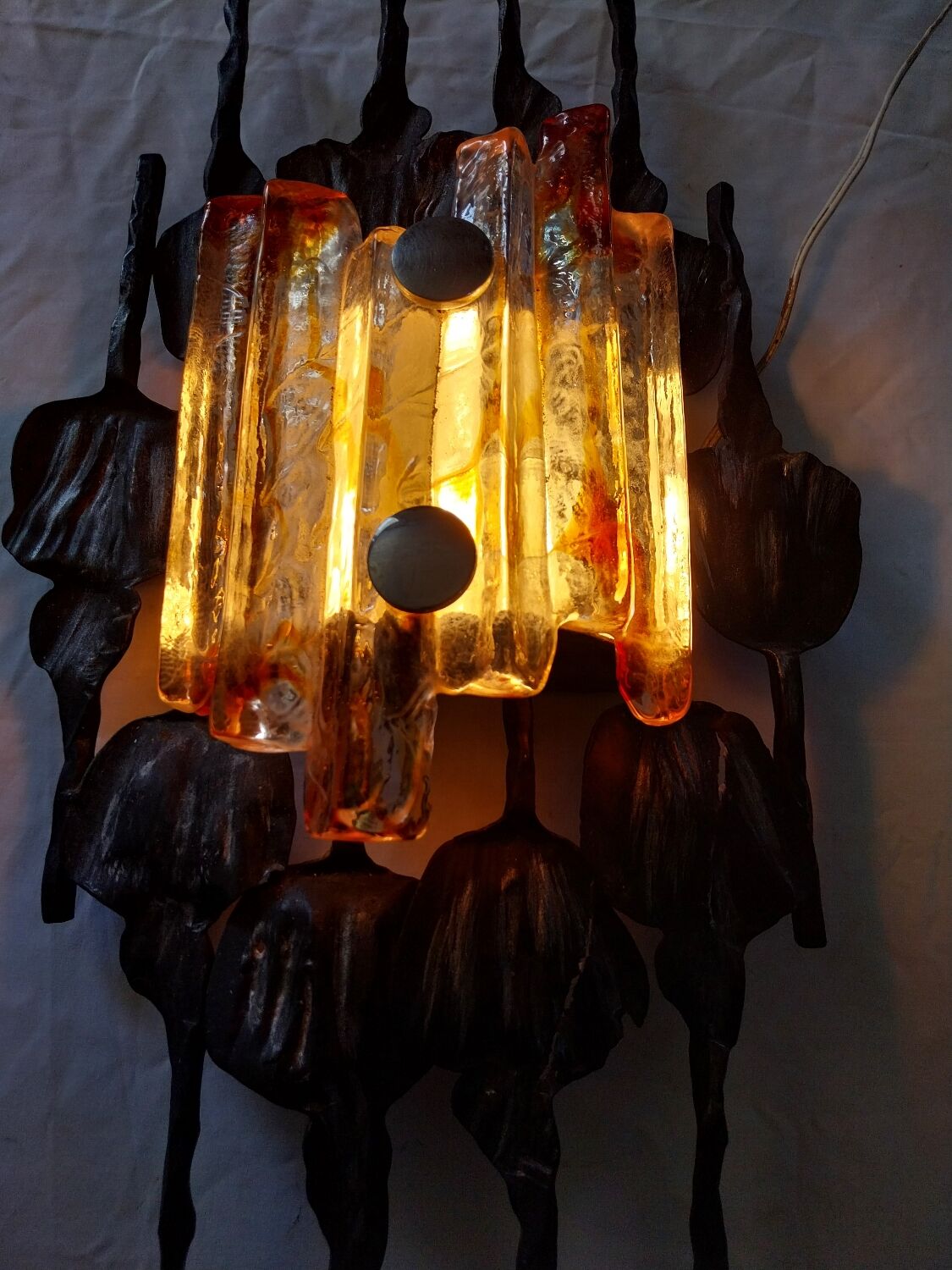 Brutalist glass and iron wall lamp from the 60s
