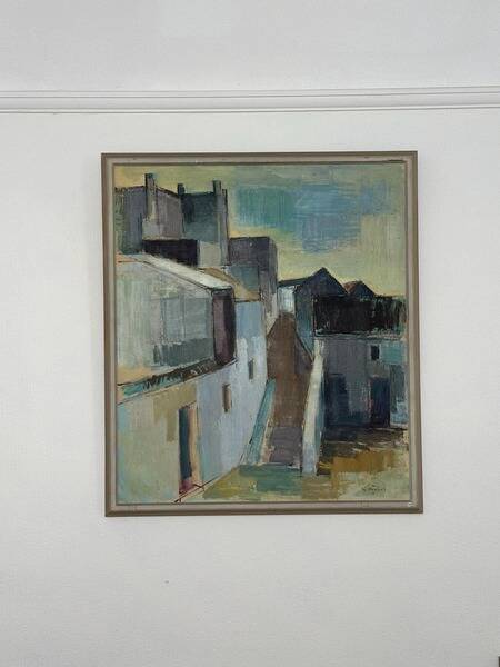 Original Swedish mid-century oil on canvas – “City” by Gustaf Höglund – vintage & framed – 80 × 70 cm