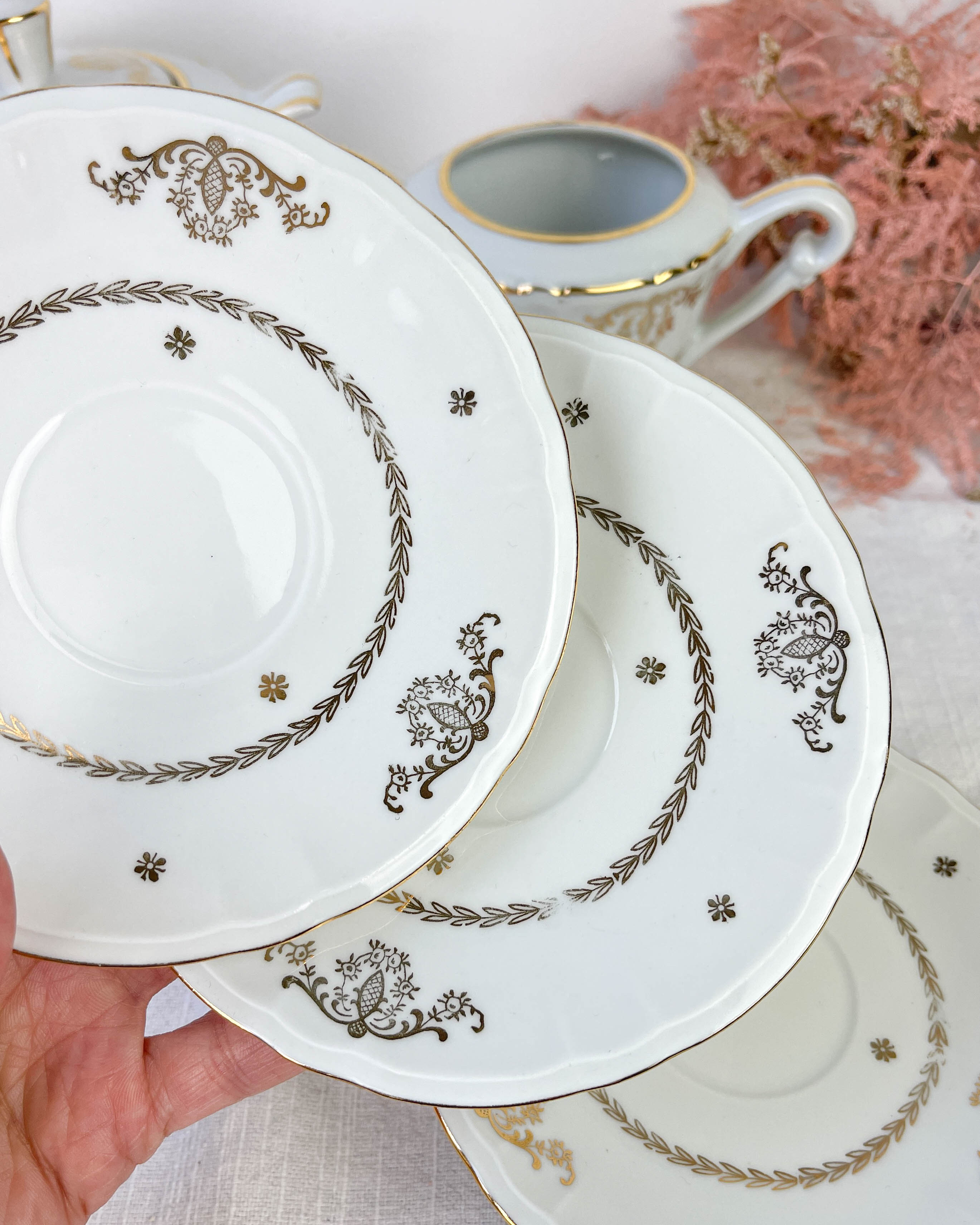 Vintage tea set in golden white porcelain CHAUVIGNY LIMOGES