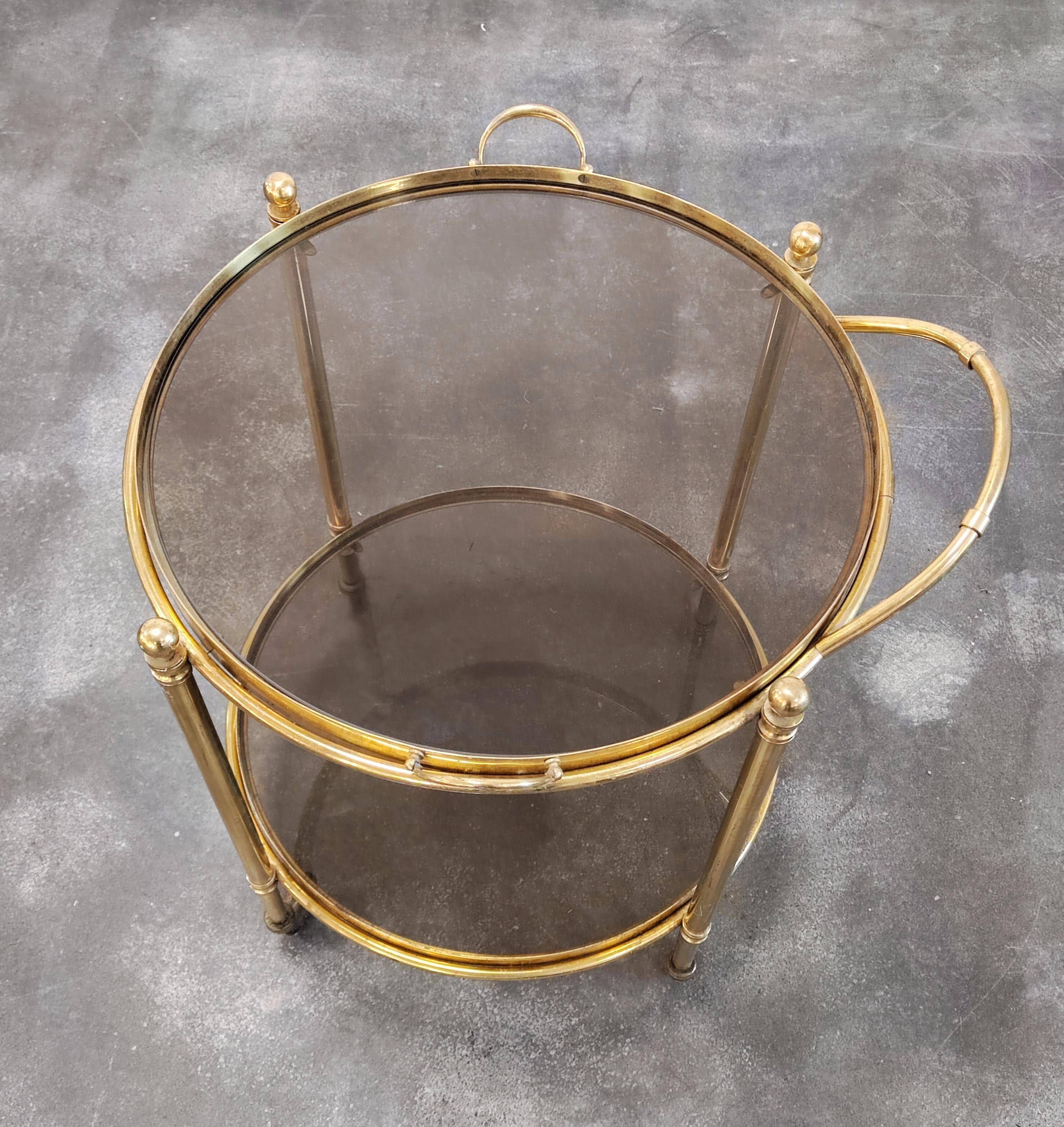 Hollywood Regency bar cart in bronze and smoked glass, 1950s
