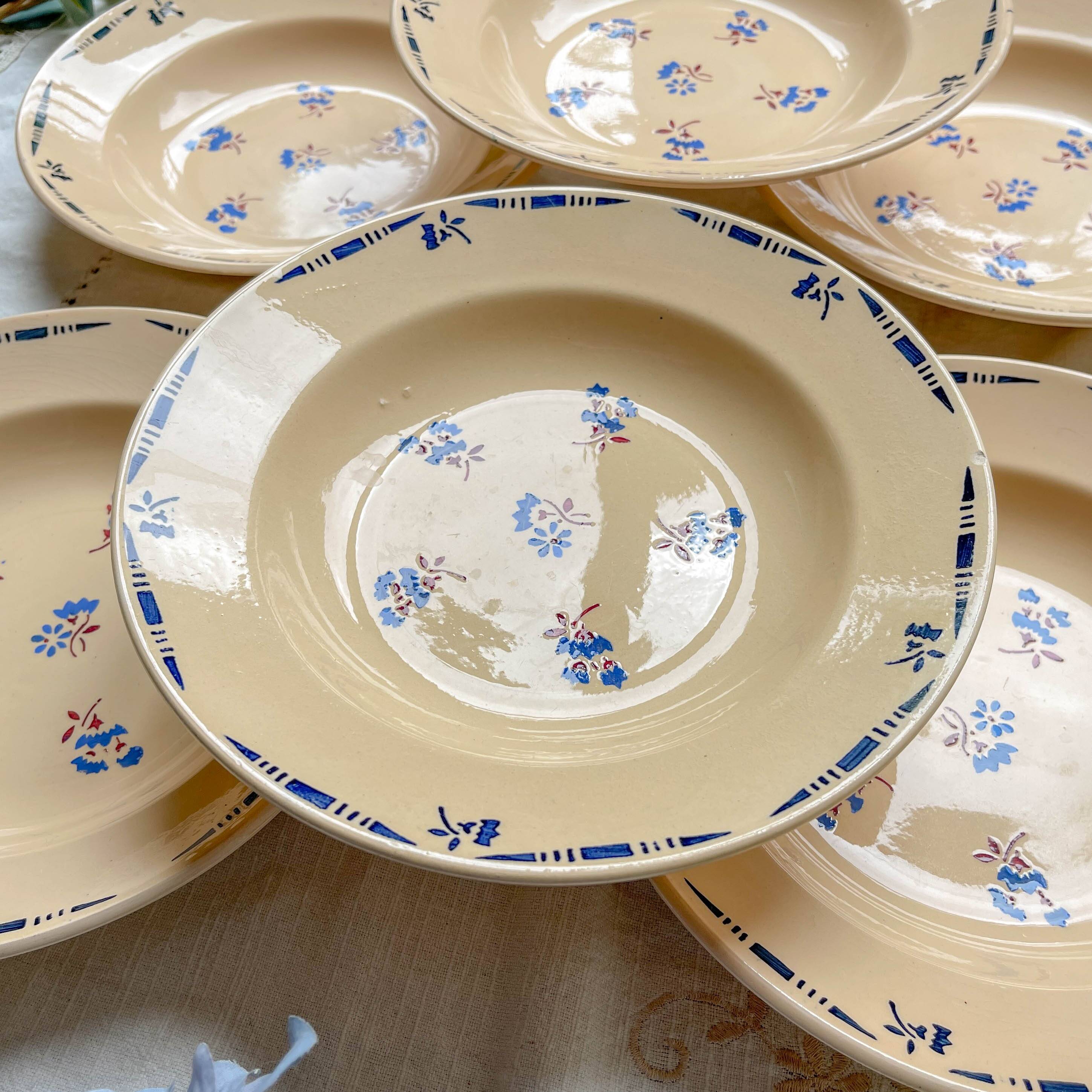 6 vintage K&G Luneville "Flore" porcelain soup plates, 1950s, small blue flowers