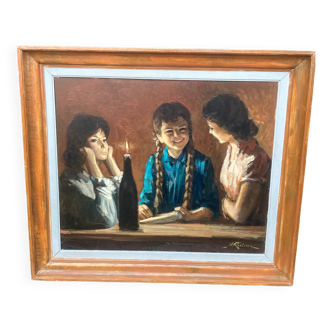 Oil on canvas " 3 young girls " sign