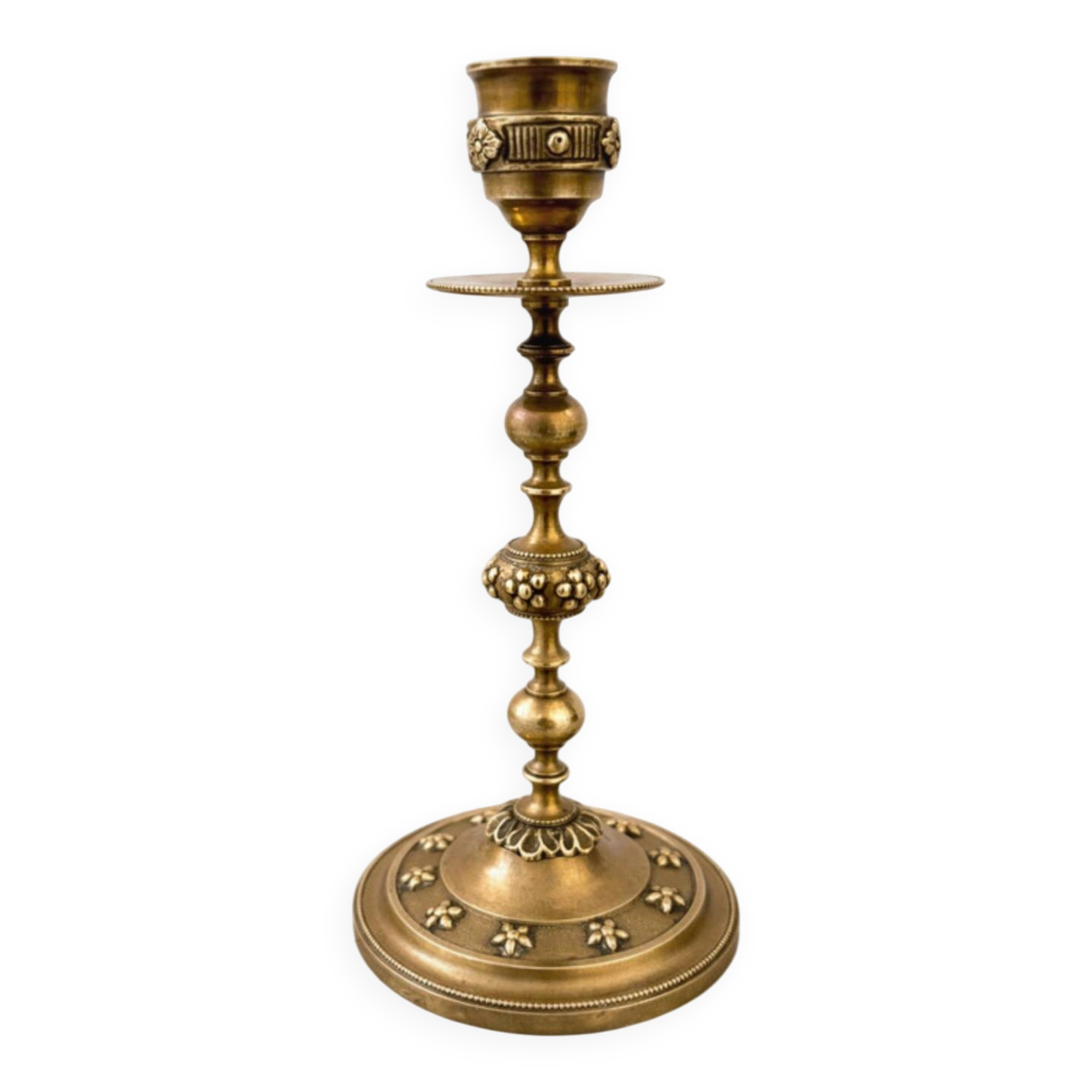 Bougeoir vintage en laiton doré – décor floral – très bon état