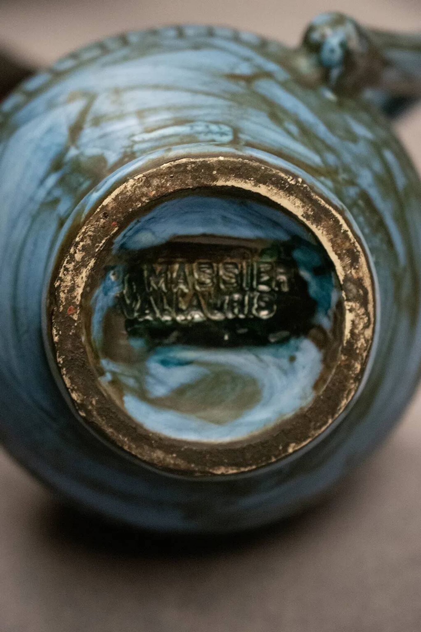 Blue ceramic pitcher with frieze by Jérôme Massier – Vallauris