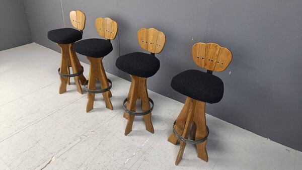 Lot de 4 tabourets de bar vintage brutalistes, années 1960