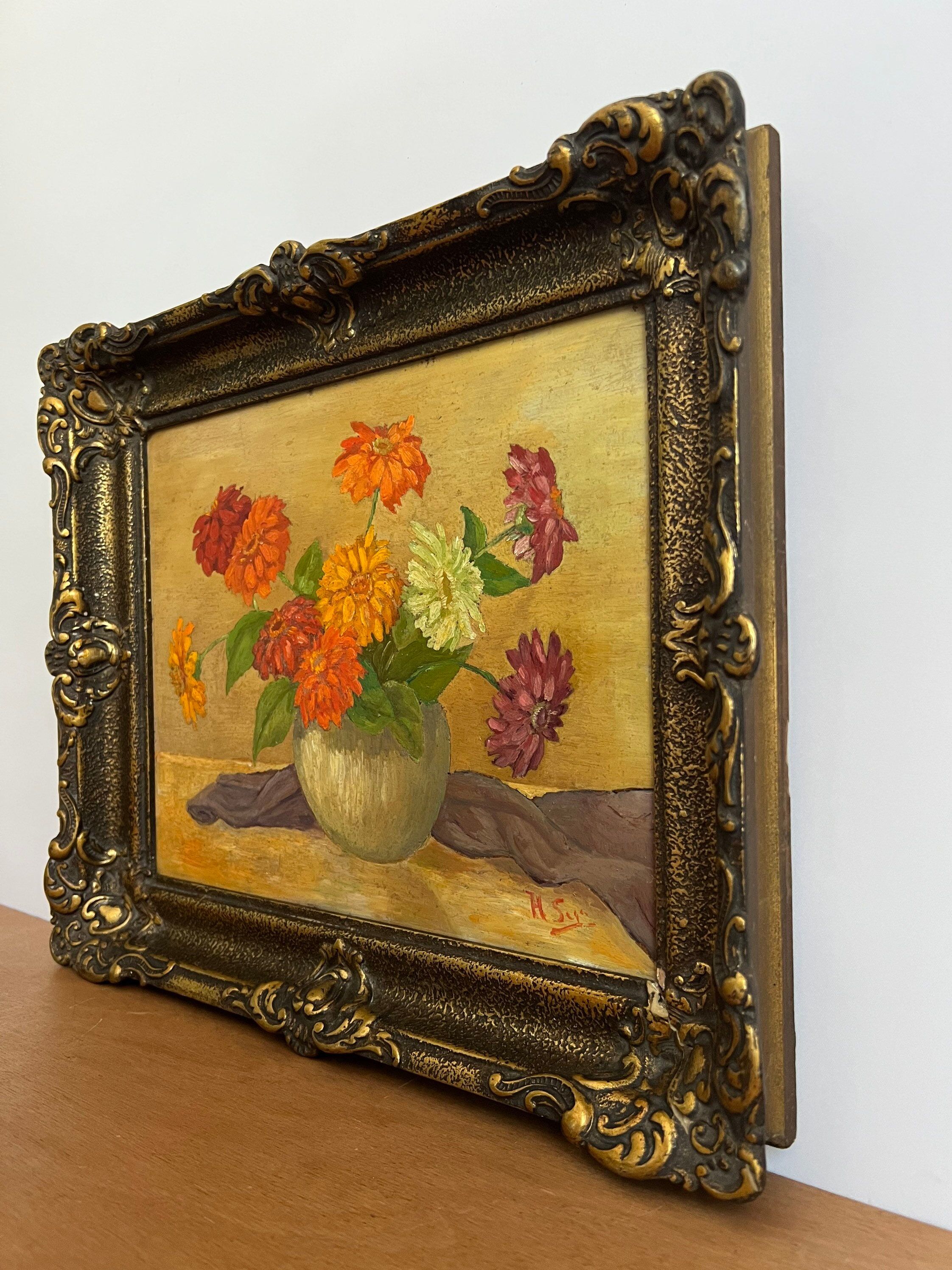 Peinture à l’huile hollandaise, nature morte aux fleurs, peinture à l’huile zinnias, blanc jaune orange rouge violet