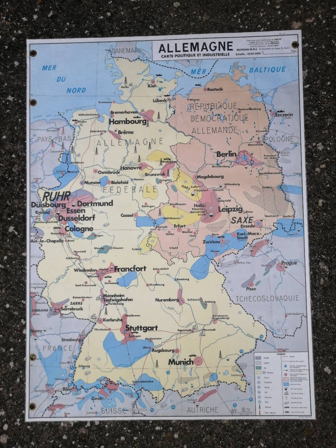 Old MDI Map of Germany Vintage Physical and Political.