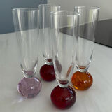Set of 4 vintage champagne flutes – coloured ball foot – blown glass