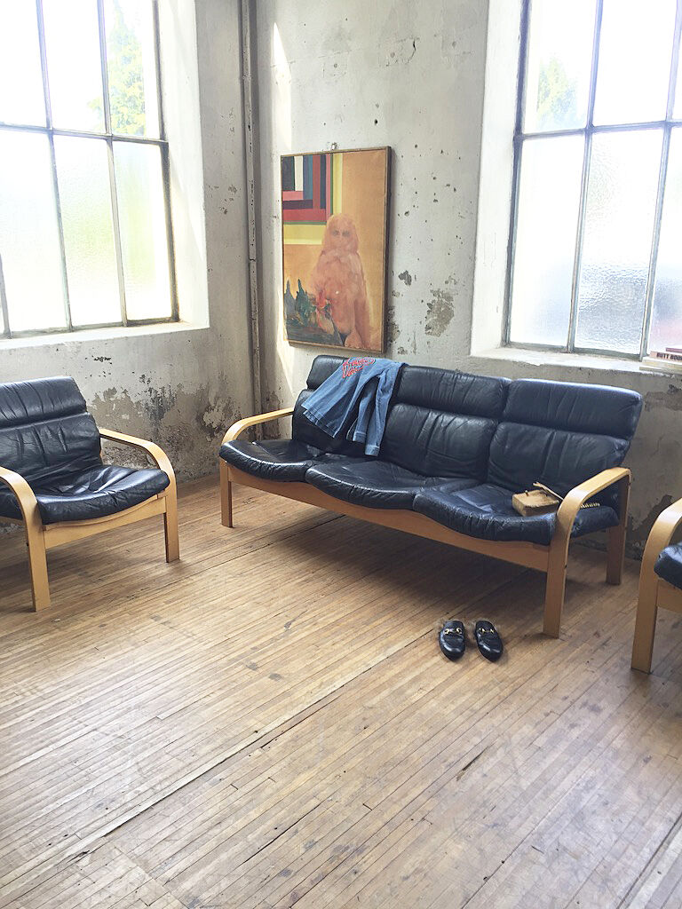 Danish sofa and armchairs curved wood and leather