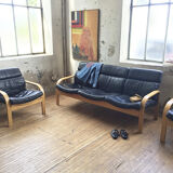 Danish sofa and armchairs curved wood and leather