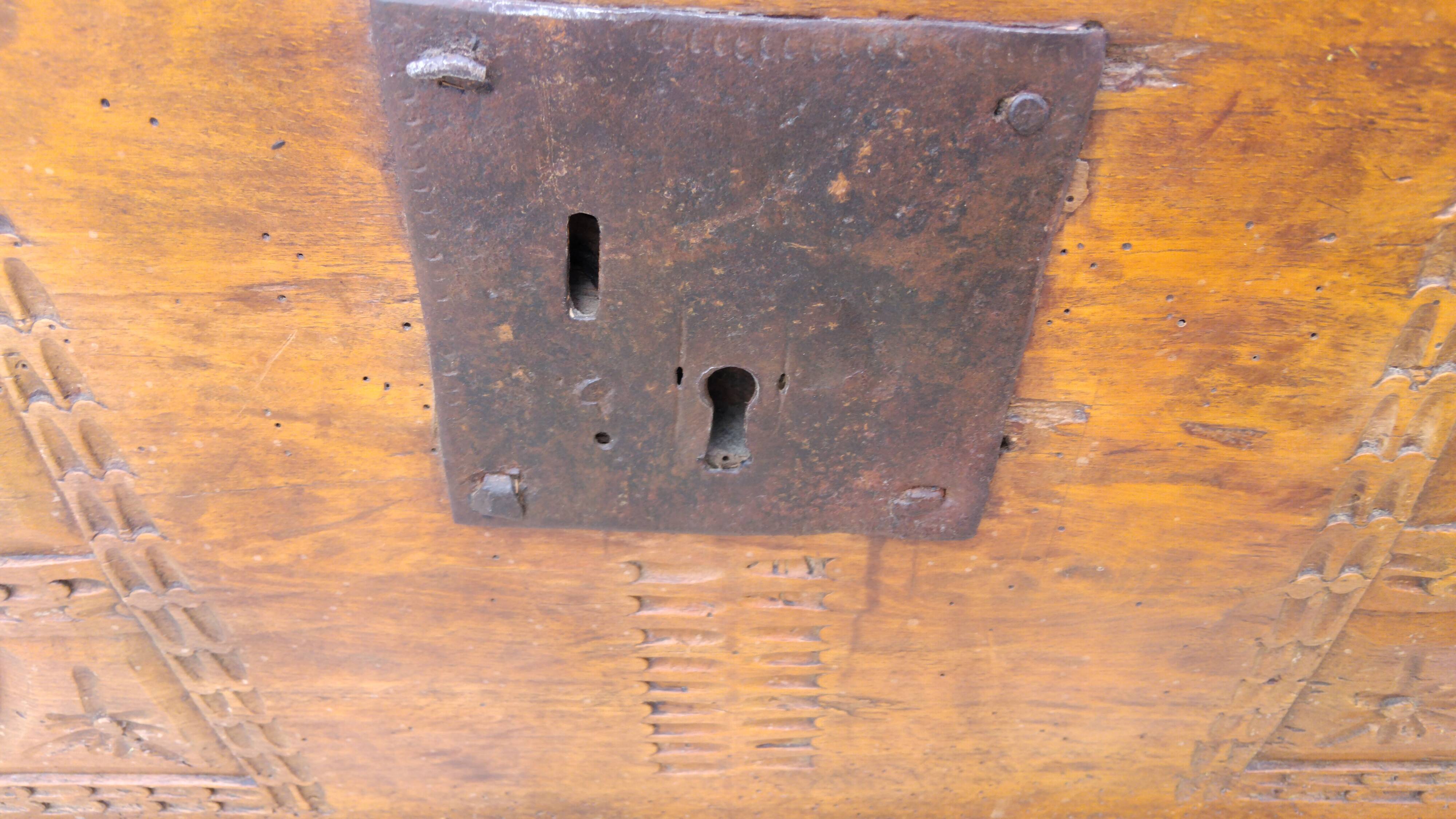 Antique marriage chest castle 17th century solid oak