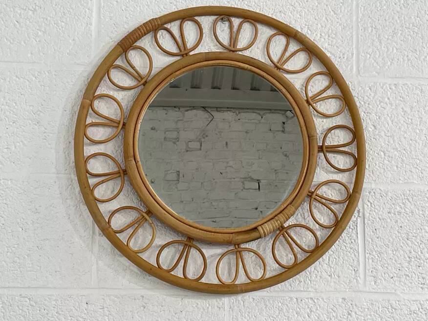 1950s round mirror in bamboo and rattan