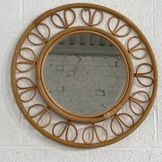 1950s round mirror in bamboo and rattan