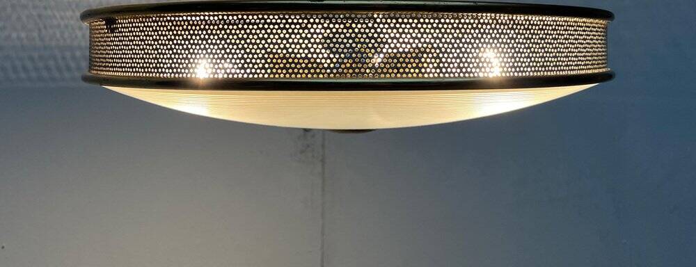 Metal ceiling pendant lamp, made of glass and metal, German mid-century modern style, 1960s.