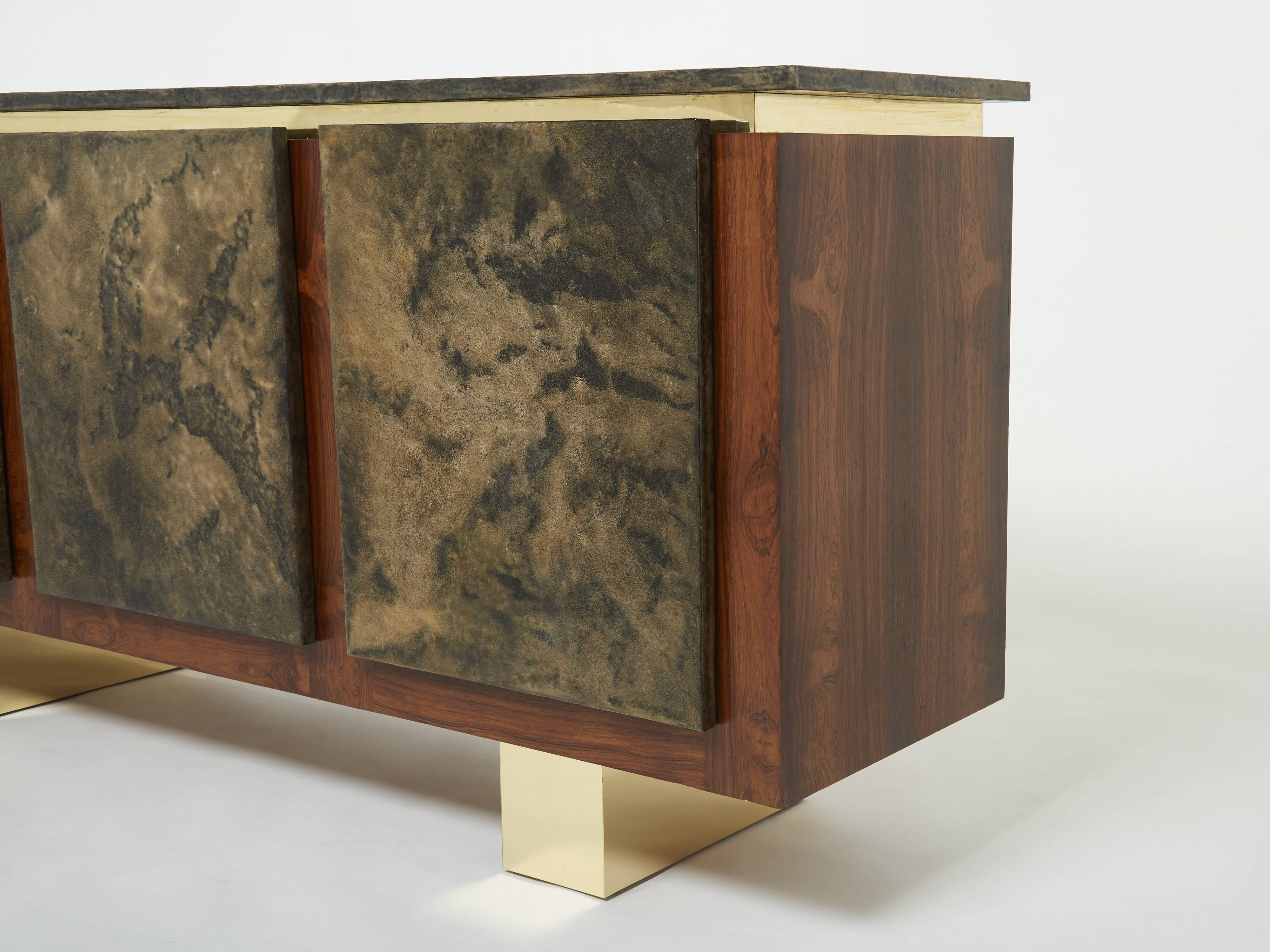 Brutalist Belgian enfilade in rosewood, resin, and brass from around 1970.