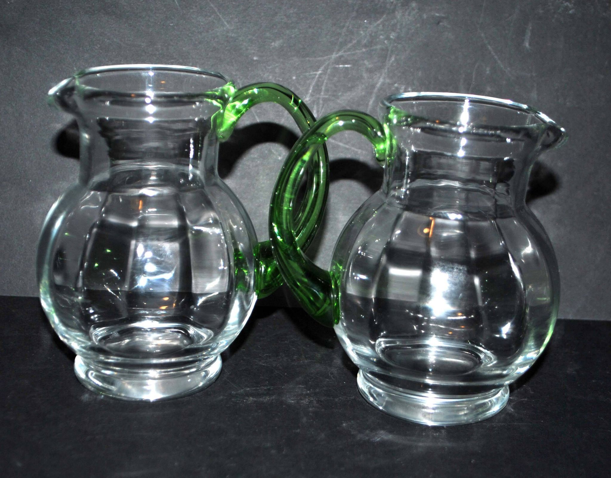 Set of 2 small blown glass wine pitchers - vintage green Alsatian balloon pitcher