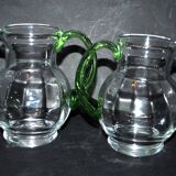 Set of 2 small blown glass wine pitchers - vintage green Alsatian balloon pitcher