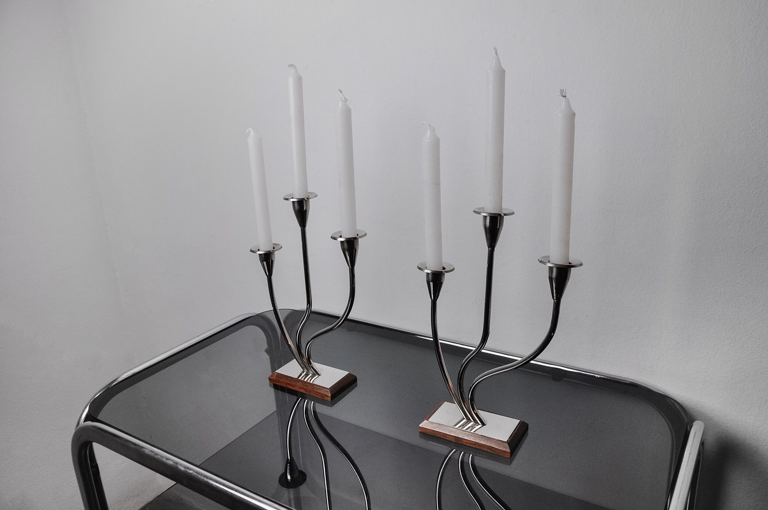 Pair of art deco candle holder in stainless steel 3 flames, Spain, 1970