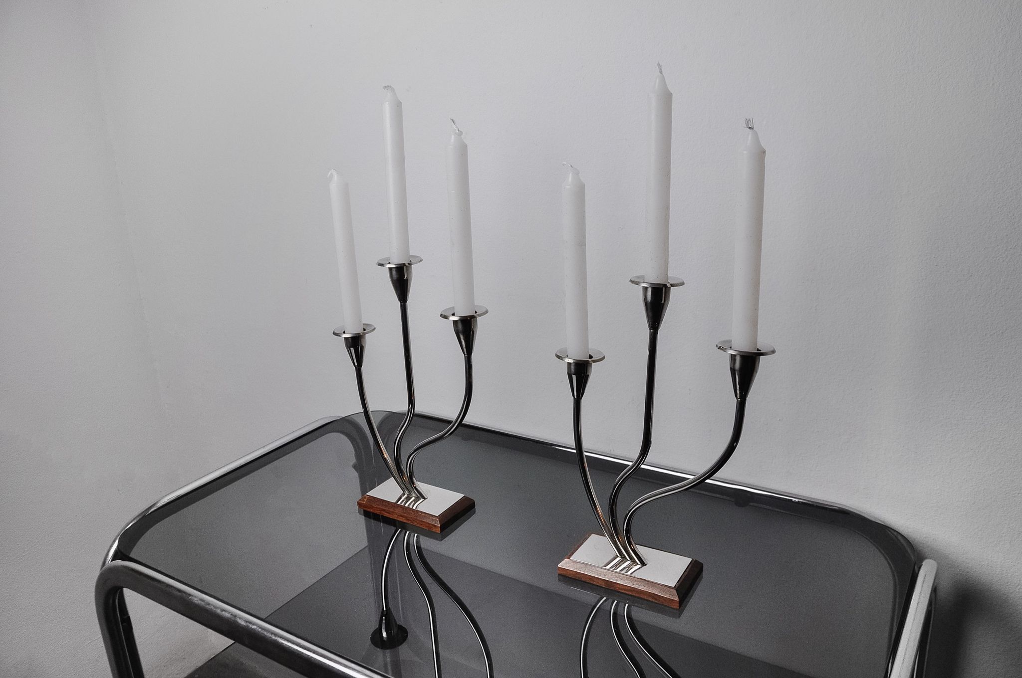 Pair of art deco candle holder in stainless steel 3 flames, Spain, 1970