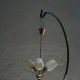 Paavo Tynell for Idman OY, 3-arm chandelier in brass and glass, mid-century, 1940s.