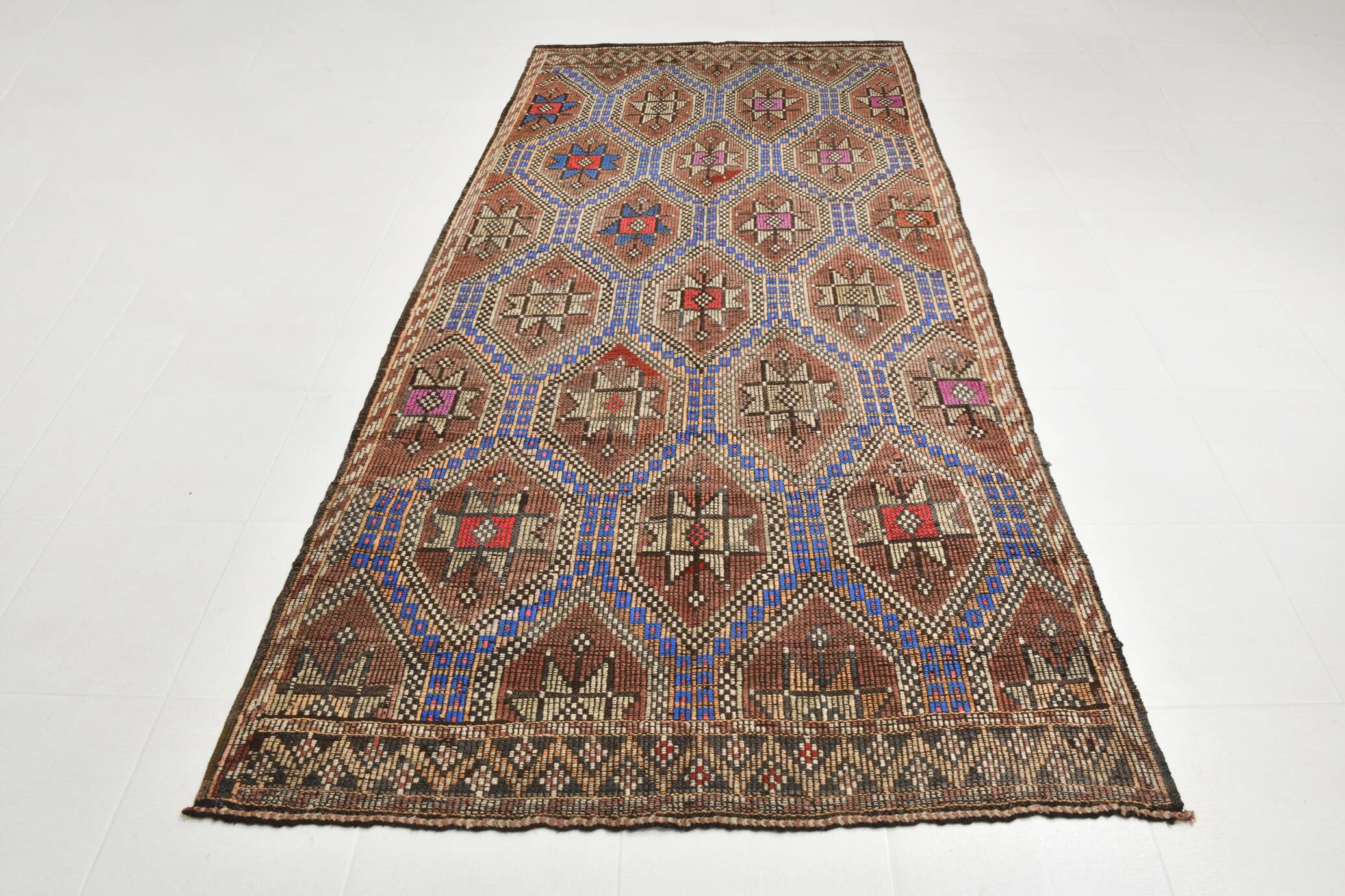 Blue & Brown Star Pattern Kilim Rug, 153x315Cm