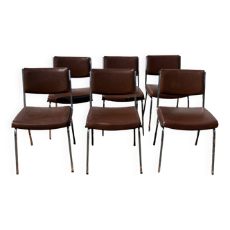 Set of 6 vintage chairs in brown leatherette with chrome legs from the 70s