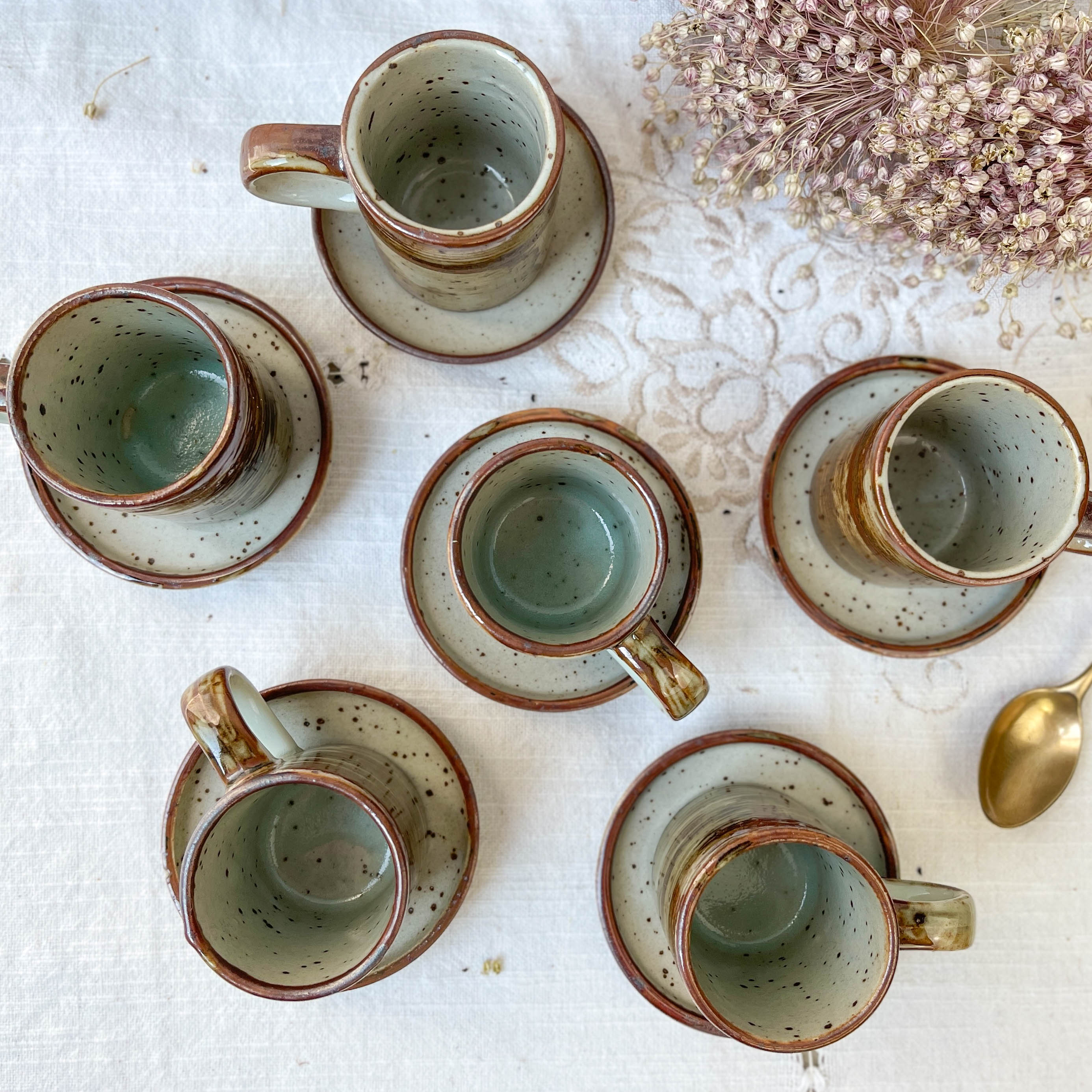 6 cups and under cups in vintage enamelled stoneware