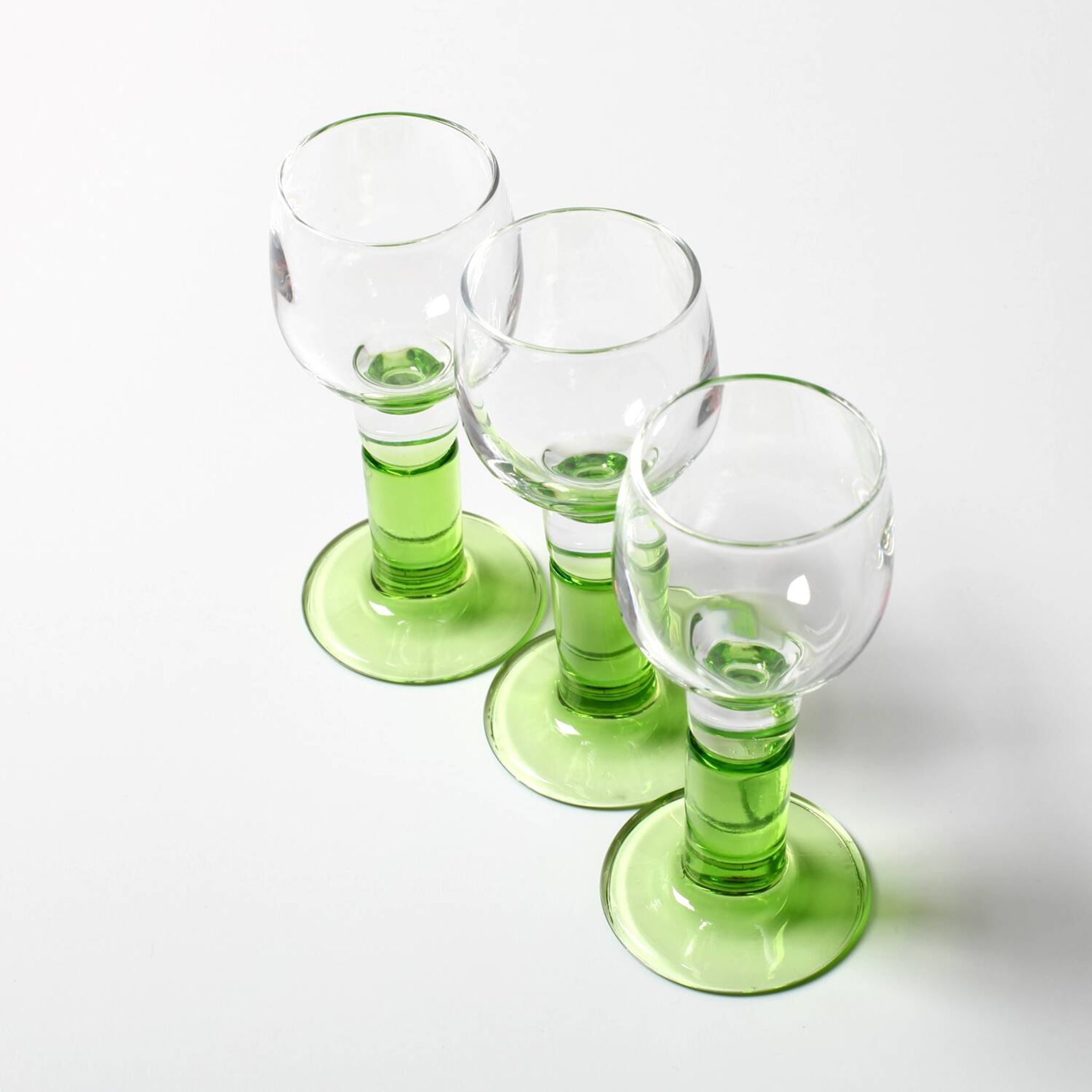 Set of 3 Vintage Limoncino Liqueur Glasses, Green Stem Shot Stemware / 1970