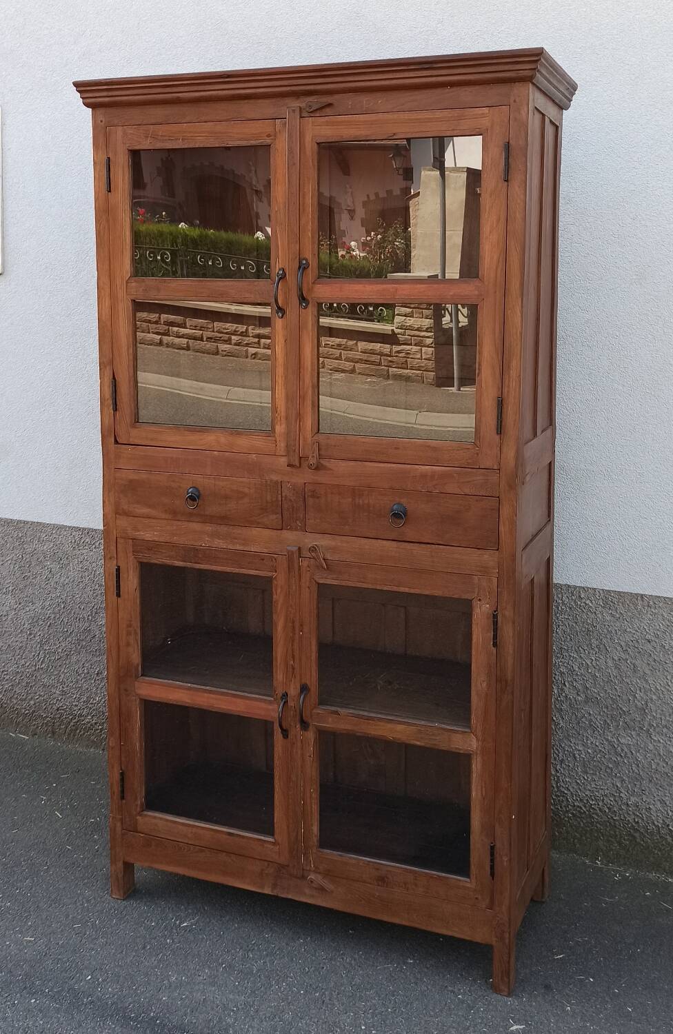 Antique teak cabinet with two drawers and four doors