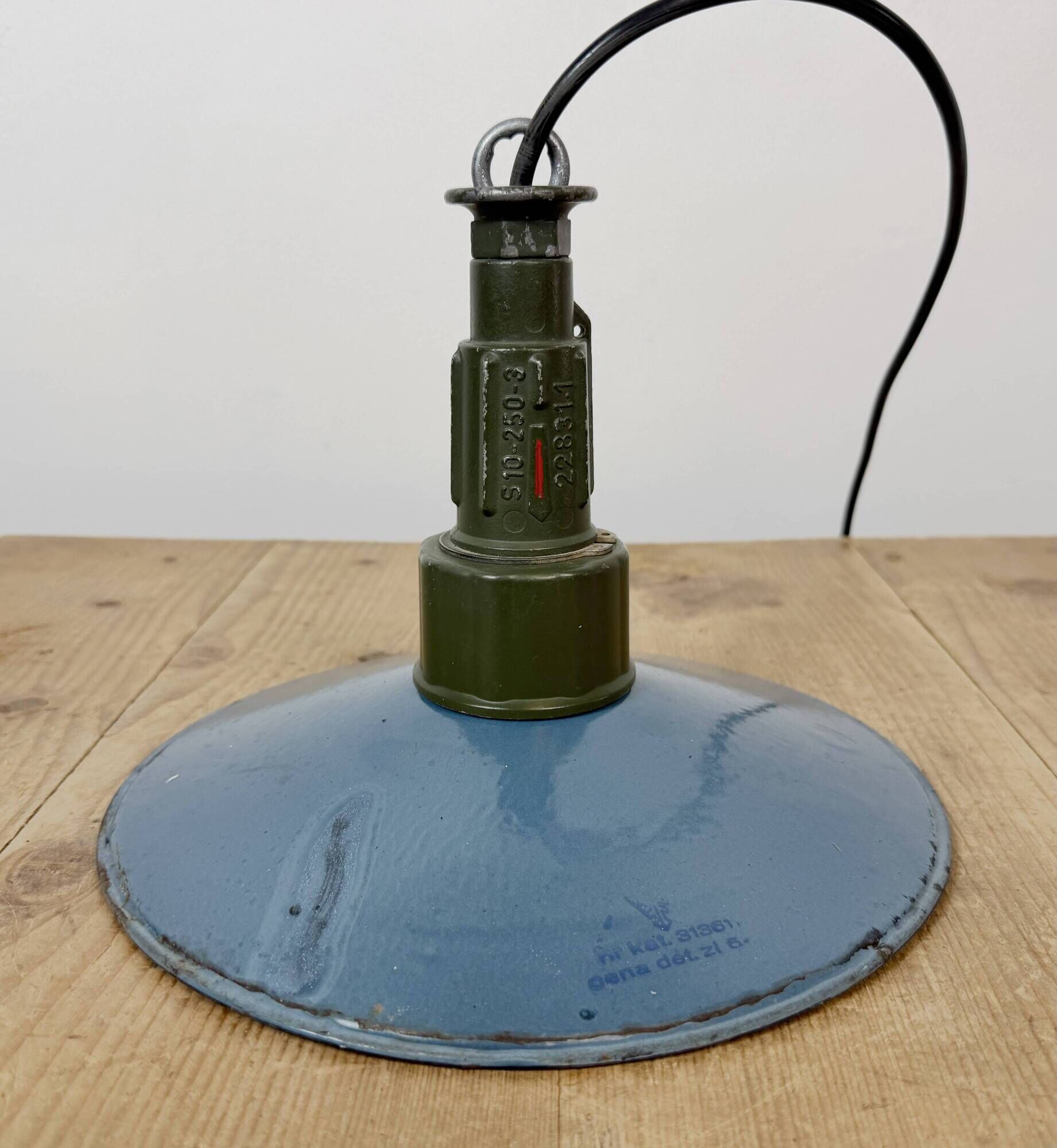 Industrial Blue Enamel Military Pendant Lamp with Cast Aluminium Top, 1960s