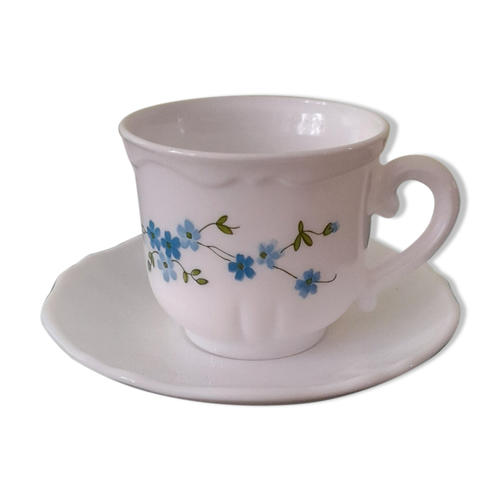 Tasse à Thé Vintage Arcopal Modèle Myosotis Veronica - Bleue, Avec Soucoupe, Fabriquée En France
